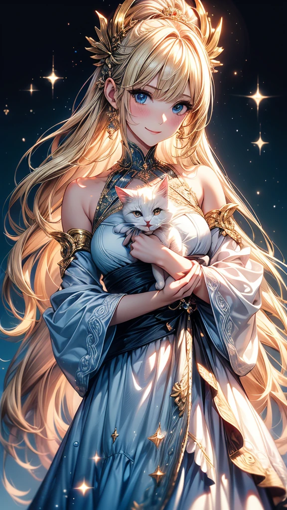 Highly Detailed CG Unity 8K Wallpaper, pretty girl, Mature blonde girl, Half Up,beautiful girl, Hot Maiden, Pale skin (super masterpiece, Fantasy art with intricate detail:1.5,Beautiful person, Well detailed face polluted smile, Her flat chest is completely hidden by her dress、Realistic, Surreal), Pray to the stars,Girl holding cute white cat with big eyes in her arms
