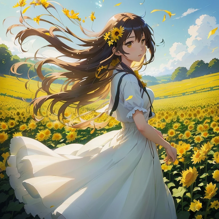 anime girl in a field of yellow flowers with long hair, beautiful sunflower anime girl, makoto shinkai. digital render, makoto shinkai art style, beautiful anime, standing in a flower field, girl in a flower field, official art, beautiful anime girl, girl dancing in a flower field, makoto shinkai!, beautiful anime art, makoto shinkai!!