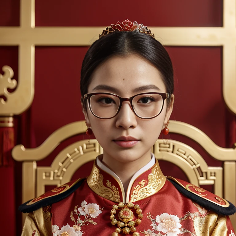 Araffi wore a red and gold uniform and glasses., Wear eyeglasses, Empress of China, Chinese princess, Inspiration from Min Zhen, traditional chinese, Chinese style, Chinese woman, Inspired by Guo Xi, According to the style of paying homage to the family, Sazi, close-up portrait, queen of the sea Mu Yanling, Inspired by Wang Meng, Inspiration from Xu Xi, Chinese dress, Chinese girl