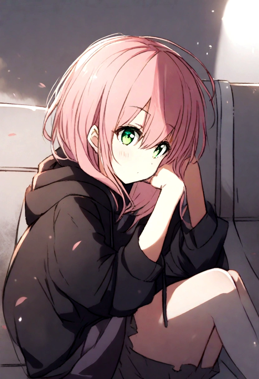 1girl, black hoodie, sakura,green eyes,pink hair, sitting on bench 