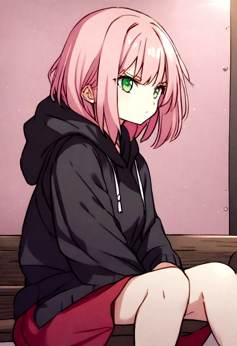 1girl, black hoodie, sakura,green eyes,pink hair, sitting on bench 