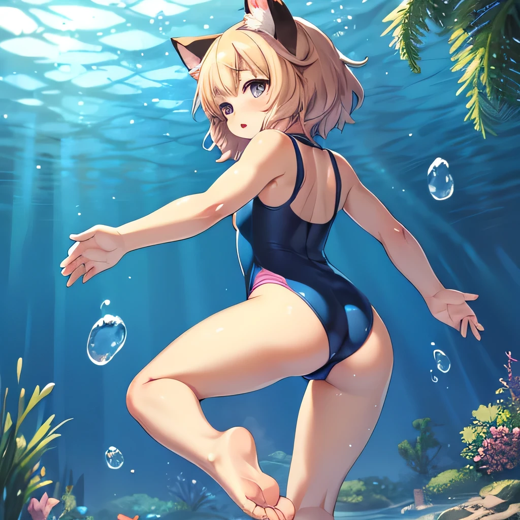 Anime cat girl in a swimsuit jumping, Under the Sea, Cat-like pads on hands and feet, an anime drawing by Puru, pixiv, furry art, sfw version, Rear view, from below, UHD, masterpiece, anatomically correct, textured skin, super detail, high details, high quality, best quality, highres, 8k