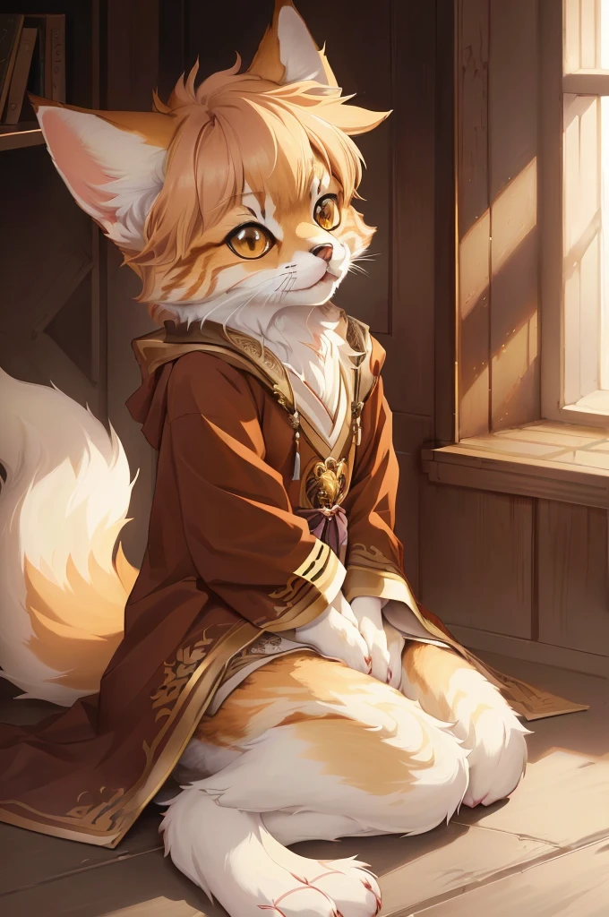 Anime style picture of a cat sitting on the floor in a room, Detailed fan art, very very beautiful Furry art, animal art, high resolution committee, ((wearing noble robes)), human fox, Lovely and detailed digital art, fursona wearing fashionable clothes, fursona Furry art commission, Zero Art, Furry art!!!