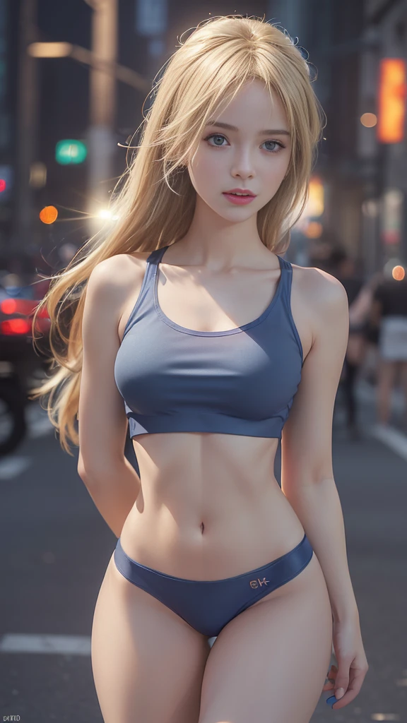 ((Realistic lighting, Best quality, 8K, Masterpiece: 1.3)), Clear focus: 1.2, 1 girl, Perfect Figure: 1.4, Slim Abs: 1.1, See through, tight clothing, ((Blonde hair)), (panties: 1.4), (Blue crop top: 1.4), (Outdoor, Night: 1.1), City streets, Super fine face, Fine eyes, Double eyelids,