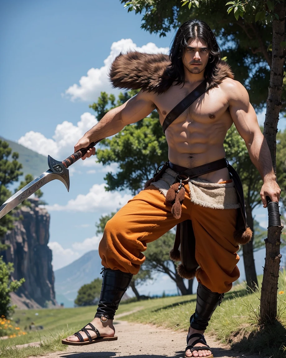 Youth with short black hair and brown eyes, fair skin and clean-shaven, dressed in short orange medieval barbarian fur tunic and trousers, weilding giant axe, sandals; fullbody; short hair, masculine, athletic