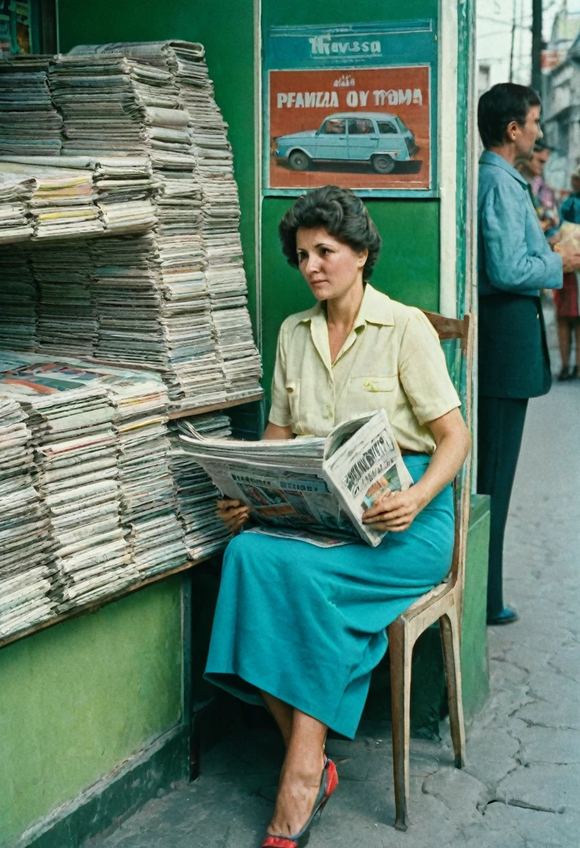 color photo. woman 40 years old. Selling newspapers at a newsstand in the USSR 1980. The woman is wearing light summer clothes. She is sitting on a chair inside a newsstand