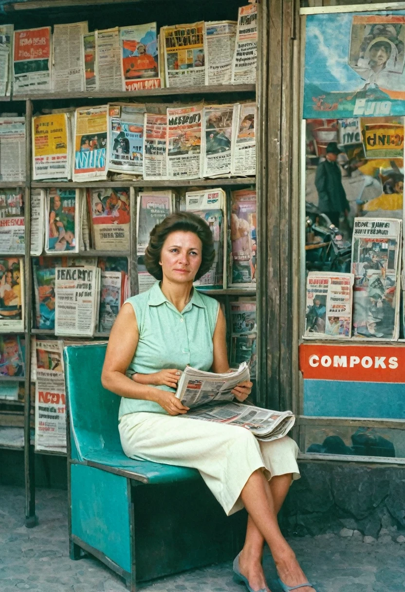color photo. woman 40 years old. Selling newspapers at a newsstand in the USSR 1980. The woman is wearing light summer clothes. She is sitting on a chair inside a newsstand