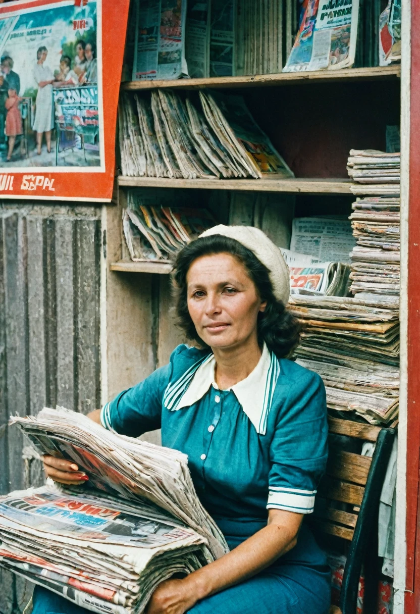 color photo. woman 40 years old. Selling newspapers at a newsstand in the USSR 1980. The woman is wearing light summer clothes. She is sitting on a chair inside a newsstand