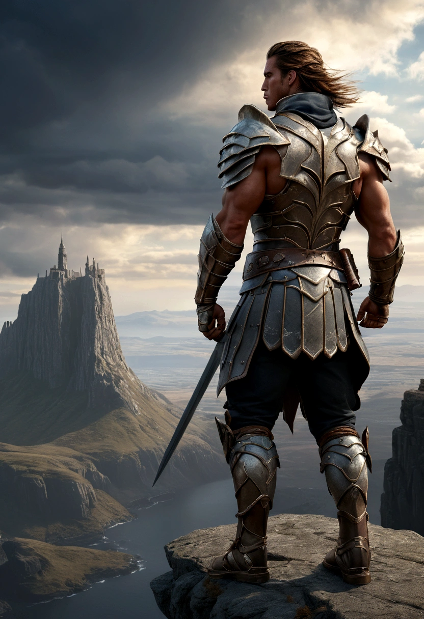 ((back view)), a warrior standing on a cliff overlooking a vast landscape, detailed armor and weapons, windblown cape, muscular build, rugged terrain, cloudy sky, cinematic lighting, epic scale, fantasy art, highly detailed, 8k, photorealistic