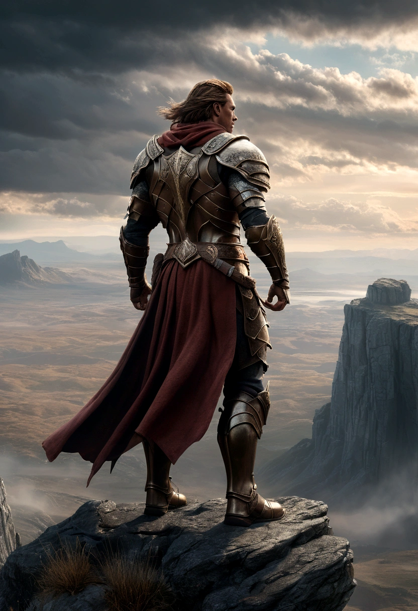 ((back view)), a warrior standing on a cliff overlooking a vast landscape, detailed armor and weapons, windblown cape, muscular build, rugged terrain, cloudy sky, cinematic lighting, epic scale, fantasy art, highly detailed, 8k, photorealistic