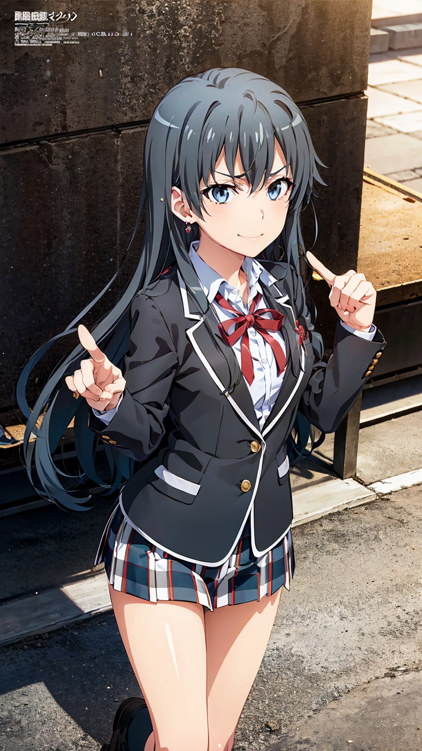 (official art:1.2), (masterpiece:1.4), (best quality:1.4), high resolution, 8k, highly detailed face, well drawn hands, (((well drawn eyes))), (perfect hands, perfect anatomy), beautiful background, yahari ore no seishun lovecome wa machigatteiru., anime official art style, 1 girl, yukinoshita yukino with black hair, bitch and villain personality, earrings, black hair, long hair, light blue eyes, gal makeup, small breasts, sobu highschool uniform, black blazer, white shirt, untucked shirt, open blazer, red ribbon, plaid skirt, black knee-high socks, full body, evil smirk, bitch pose, gym