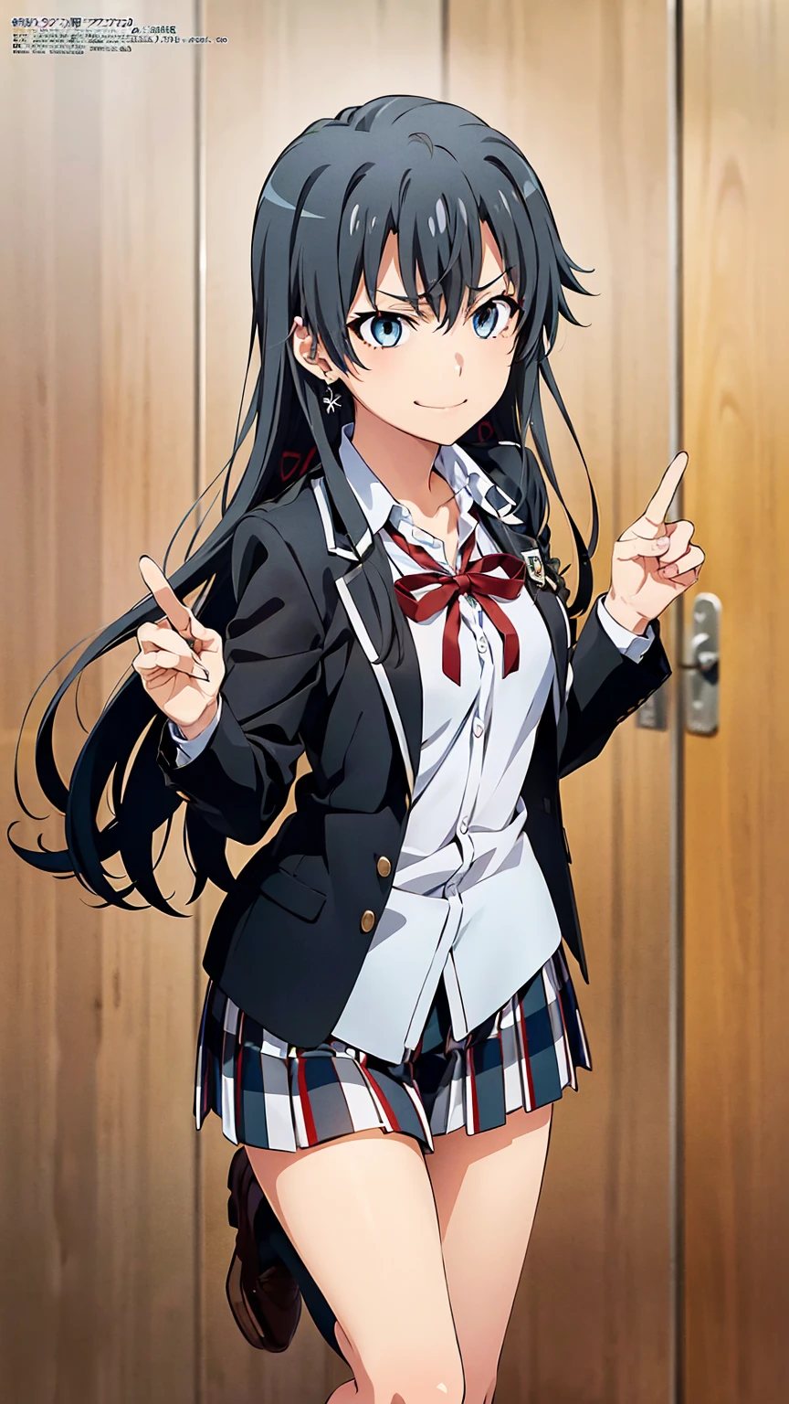 (official art:1.2), (masterpiece:1.4), (best quality:1.4), high resolution, 8k, highly detailed face, well drawn hands, (((well drawn eyes))), (perfect hands, perfect anatomy), beautiful background, yahari ore no seishun lovecome wa machigatteiru., anime official art style, 1 girl, yukinoshita yukino with black hair, bitch and villain personality, earrings, black hair, long hair, light blue eyes, gal makeup, small breasts, sobu highschool uniform, black blazer, white shirt, untucked shirt, open blazer, red ribbon, plaid skirt, black knee-high socks, full body, evil smirk, bitch pose, gym