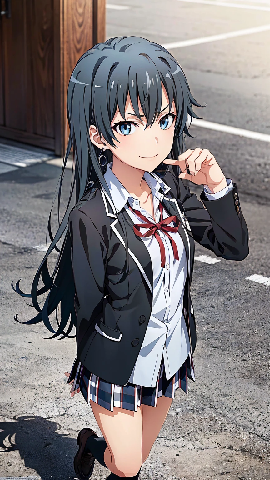 (official art:1.2), (masterpiece:1.4), (best quality:1.4), high resolution, 8k, highly detailed face, well drawn hands, (((well drawn eyes))), (perfect hands, perfect anatomy), beautiful background, yahari ore no seishun lovecome wa machigatteiru., anime official art style, 1 girl, yukinoshita yukino with black hair, bitch and villain personality, earrings, black hair, long hair, light blue eyes, gal makeup, small breasts, sobu highschool uniform, black blazer, white shirt, untucked shirt, open blazer, red ribbon, plaid skirt, black knee-high socks, full body, evil smirk, bitch pose, gym