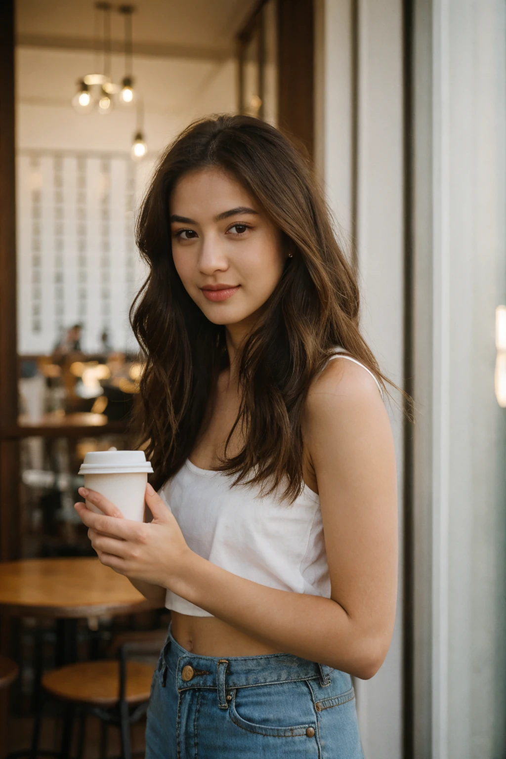 20 y.o Stella Reign, supermodel, perfect beautiful face, natural skin texture, light brown hair, brown eyes, proportional sexy posture, hold cup of coffee at coffee shop