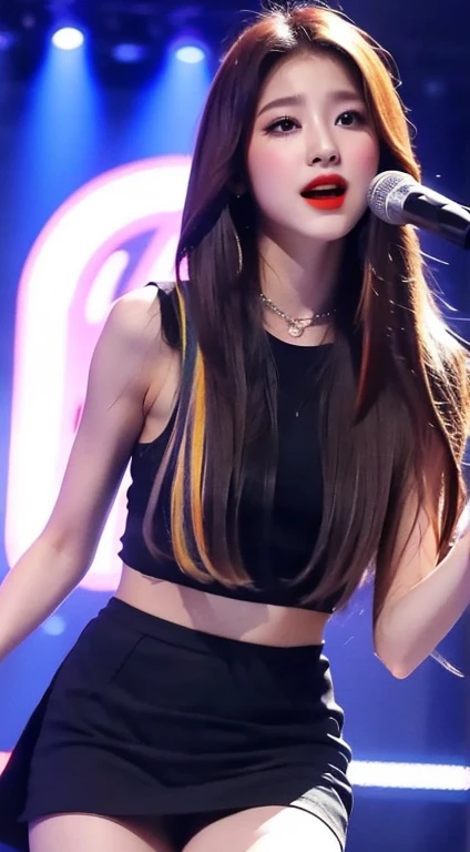 singing,woman 1,stand,mike,realistic,short,skirt,long straight hair.Vibrancy,8K,whole body,Let my legs crack