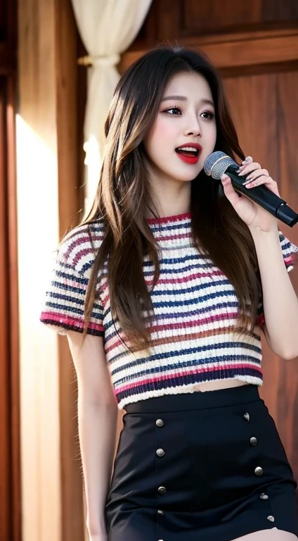 singing,woman 1,stand,mike,realistic,short,skirt,long straight hair.Vibrancy,8K,whole body,Let my legs crack