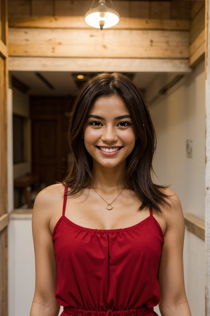 1 chica, por kayahara, sonrisa, pelo largo, vestido oscuro, parte superior del cuerpo, colgante rojo