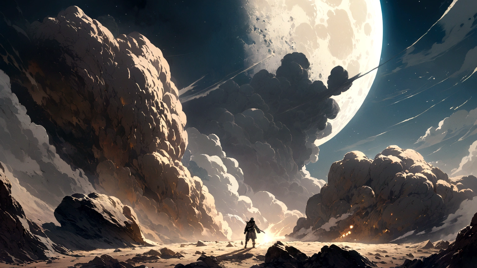 "Generate a highly detailed and dynamic image of the moon's surface scenery. View it with precise proportions, exuding an air of strength and determination. Depict the lunar landscape in meticulous detail, featuring large explosions of moon dust and rocks in the background, emphasizing the harsh, rugged terrain. Infuse the scene with micro-details, capturing the intricacies of 90s Studio Ghibli art, the lunar surface, and the billowing dust clouds. the intense action of a battle on the moon, creating a visually stunning and engaging portrait with the ring in the background"