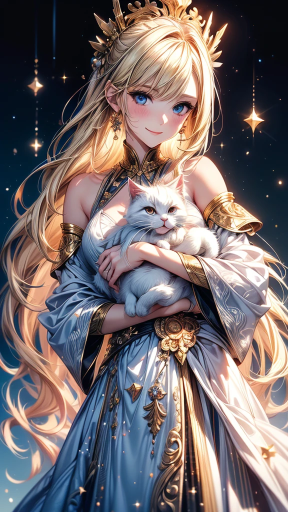 Highly Detailed CG Unity 8K Wallpaper, pretty girl, Mature blonde girl, Half Up,beautiful girl, Hot Maiden, Pale skin (super masterpiece, Fantasy art with intricate detail:1.5,Beautiful person, Well detailed face polluted smile, Her flat chest is completely hidden by her dress、Realistic, Surreal), Pray to the stars,Girl holding cute white cat with big eyes in her arms