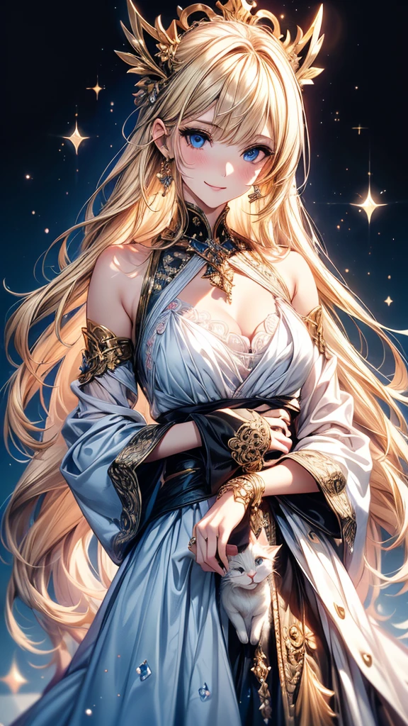 Highly Detailed CG Unity 8K Wallpaper, pretty girl, Mature blonde girl, Half Up,beautiful girl, Hot Maiden, Pale skin (super masterpiece, Fantasy art with intricate detail:1.5,Beautiful person, Well detailed face polluted smile, Her flat chest is completely hidden by her dress、Realistic, Surreal), Pray to the stars,Girl holding cute white cat with big eyes in her arms