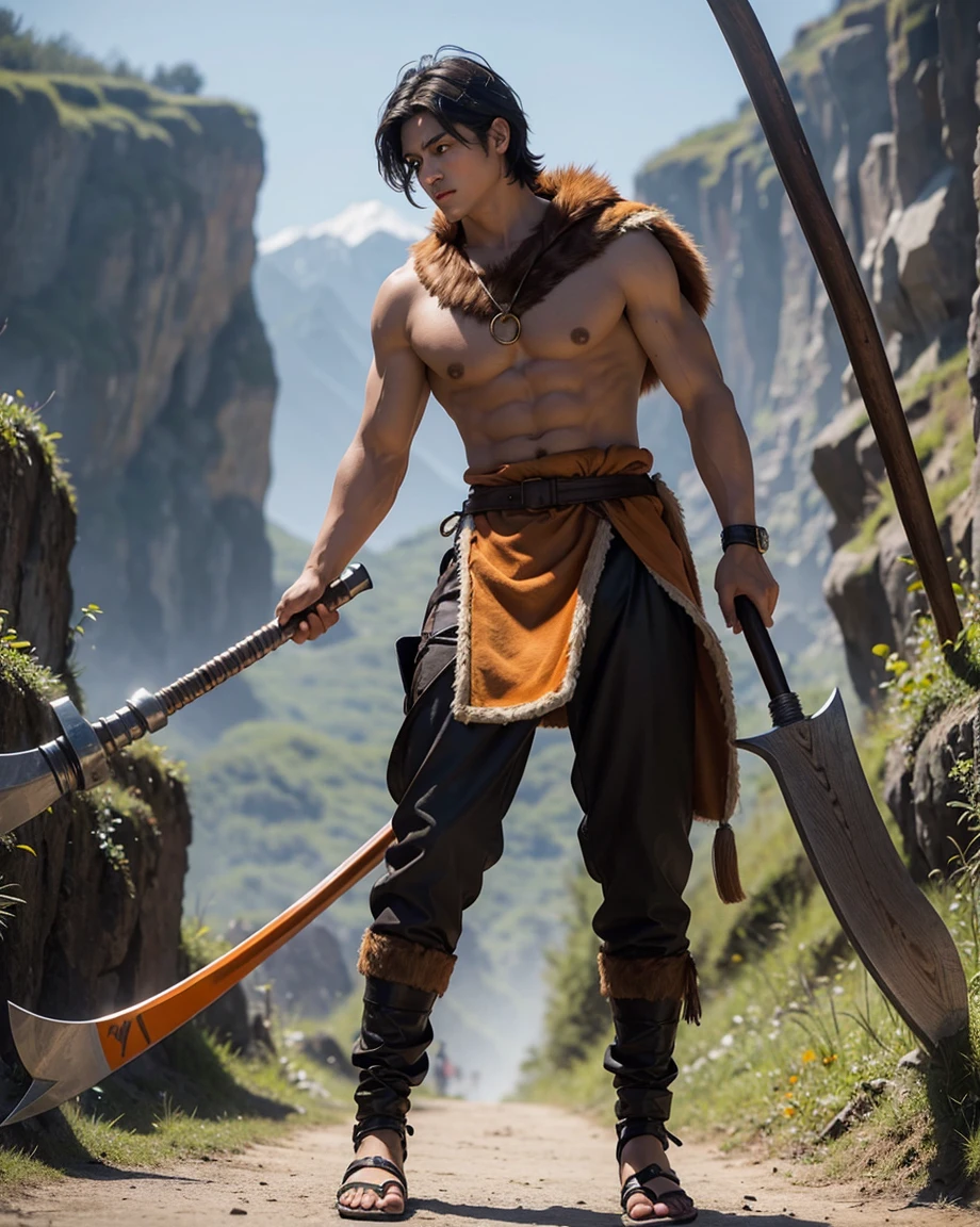 Youth with short black hair and brown eyes, fair skin and clean-shaven, dressed in short orange medieval barbarian fur tunic and trousers, weilding giant axe, sandals; fullbody; short hair, masculine, athletic