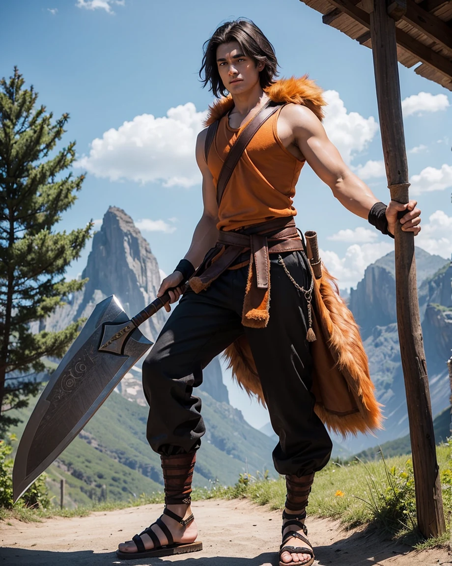 Youth with short black hair and brown eyes, fair skin and clean-shaven, dressed in short orange medieval barbarian fur tunic and trousers, weilding giant axe, sandals; fullbody; short hair, masculine, athletic