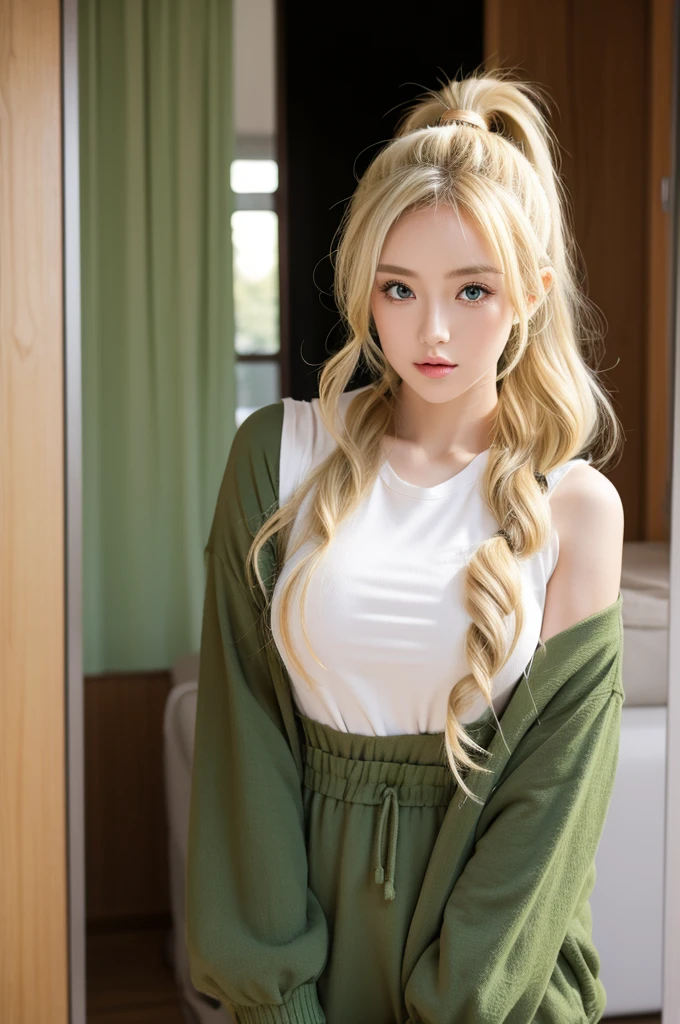 manga, kawaii, 1girl, blond hair, ponytail, curled hair, long hair, green eyes, casual clothes