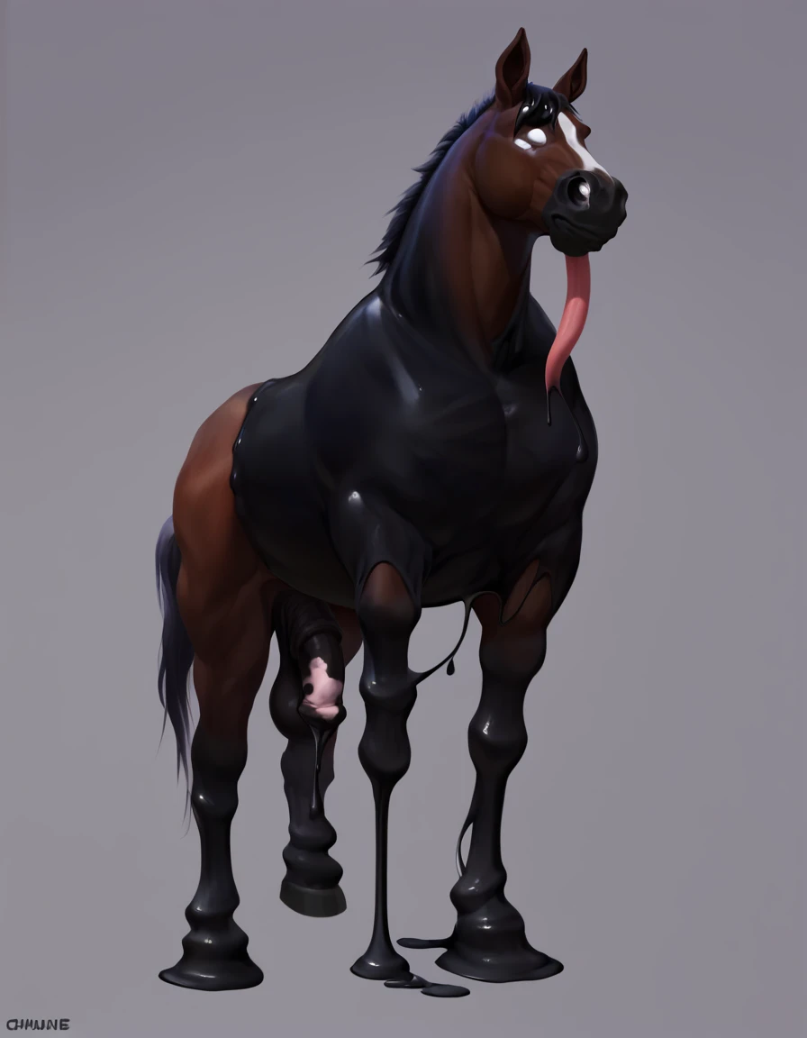 A black feral stallion standing with their butt facing the viewer presenting their huge thick flared equine penis and testicles hanging below them, penis behind testicles, Masterpiece, highly detailed image, highly detailed genitalia, 4k, 4k resolution+, by Truegrave9, by Virtyalfobo, by Chunie, by Clockhands, equine penis+, flared penis, black fur, ebony body, muscular, barn stall, huge penis, testicles, black penis+, horsecock, medial ring, swollen flare, puffy anus, raised tail,