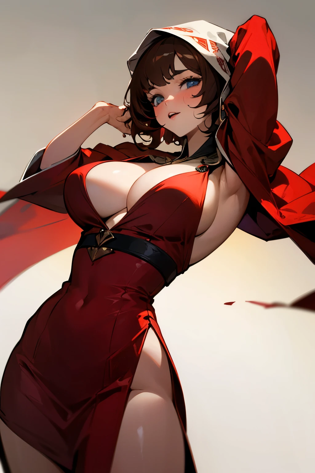 Girl, red dress, short brown hair, big breasts, short skirt, the lady in red, the robe, robe covering her head, dark blue eyes, red cheeks