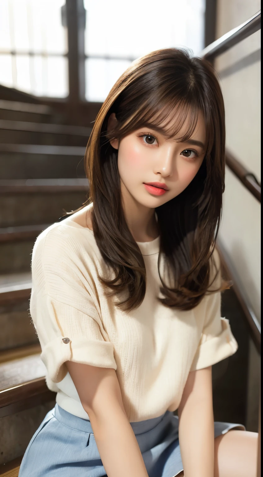 （（highest quality，8k，masterpiece：1.3）），Perfect beauty：1.4，Hip：1.2，（Layered Hairstyles：1.2）），（Station stairs），Highly detailed face and skin texture，Lesbians all over，A sophisticated eye，double eyelid，Skin whitening，（Loose tops，Short tight mini skirt：1.6）please sit down、Spread your legs、White panties