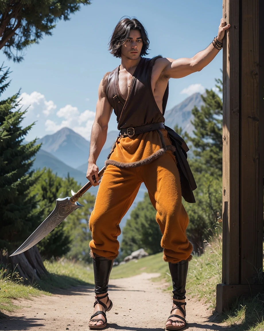 Youth with short black hair and brown eyes, fair skin and clean-shaven, dressed in short orange medieval barbarian fur tunic and trousers, weilding giant axe, sandals; fullbody; short hair, masculine, athletic