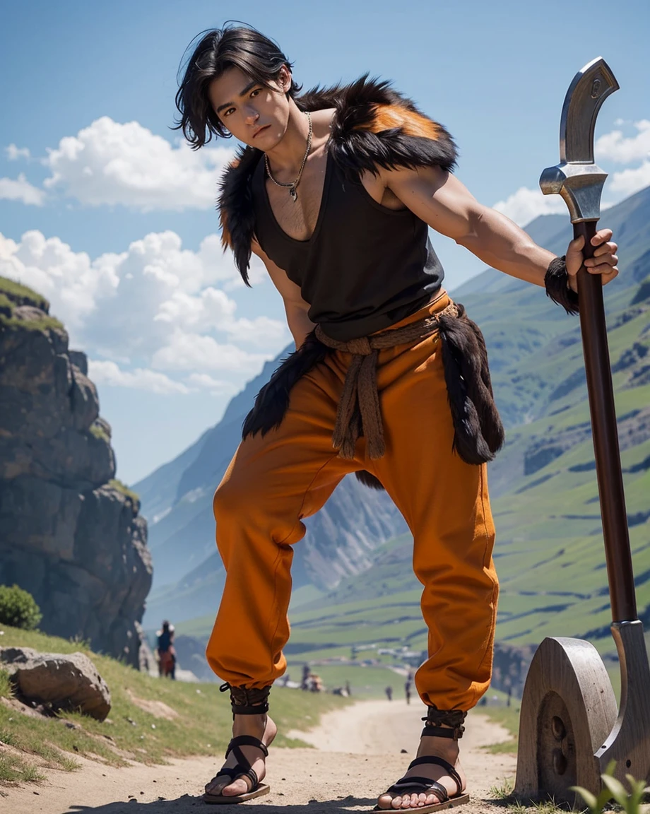 Youth with short black hair and brown eyes, fair skin and clean-shaven, dressed in short orange medieval barbarian fur tunic and trousers, weilding giant axe, sandals; fullbody; short hair, masculine, athletic