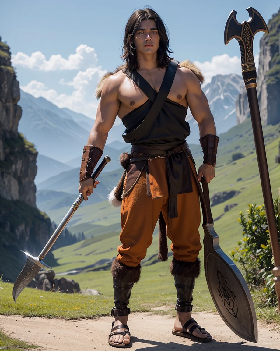 Youth with short black hair and brown eyes, fair skin and clean-shaven, dressed in short orange medieval barbarian fur tunic and trousers, weilding giant axe, sandals; fullbody; short hair, masculine, athletic