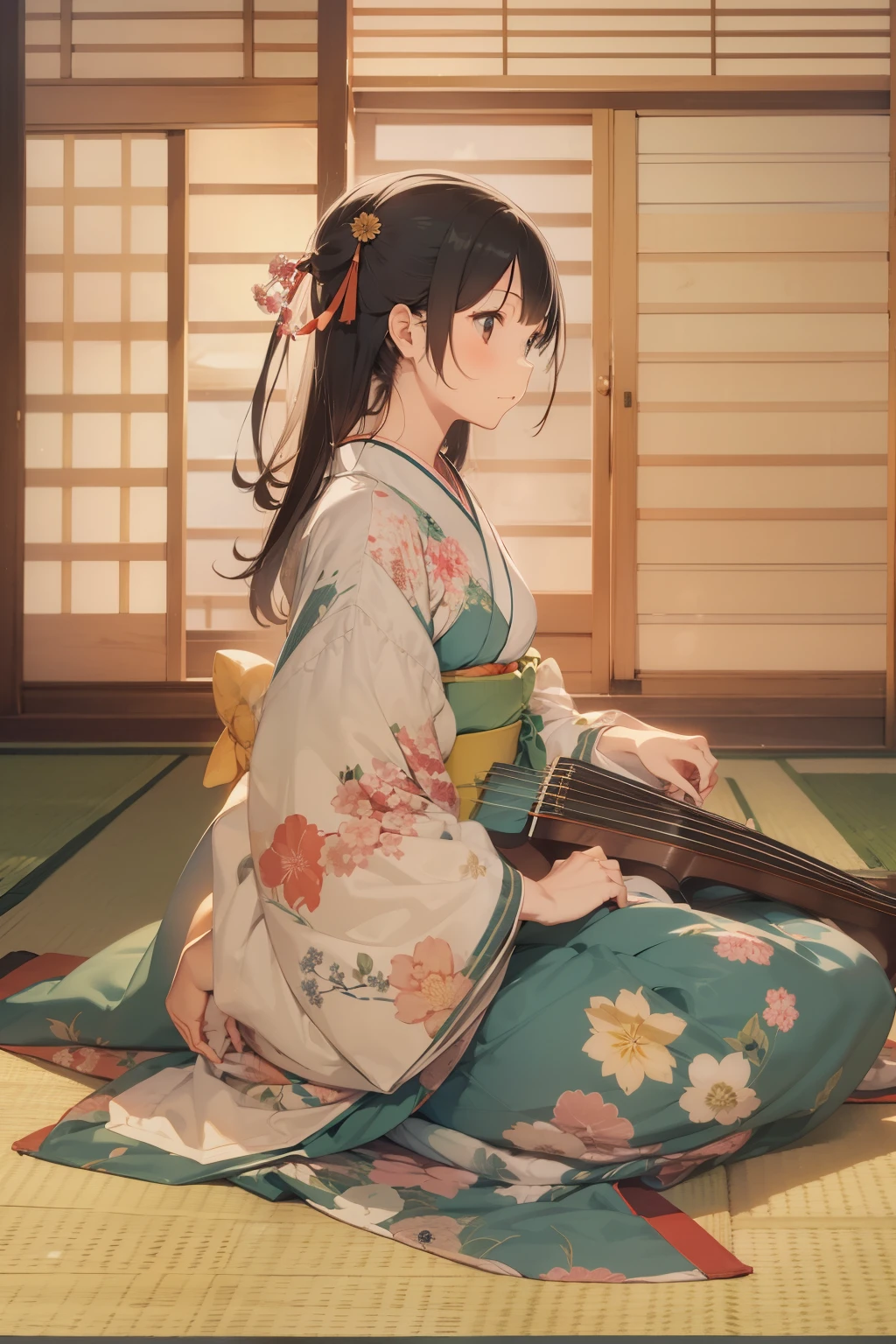 A 24-year-old woman playing traditional Japanese instruments. She has long, dark hair and is wearing a beautiful kimono. She is sitting gracefully with a koto in front of her, a shakuhachi beside her, and a shamisen resting nearby. The setting is serene, possibly a traditional Japanese room with tatami mats and shoji screens, evoking a sense of tranquility and cultural heritage.