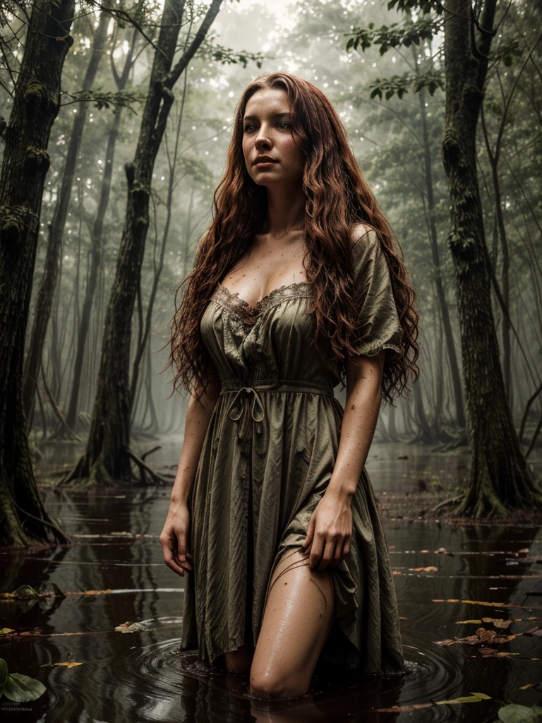 Jan Matejko's style. A close up portrait depicting a mature woman as Ophelia with dirty, long red wavy hair. She is not looking at the camera. A pose full of resignation. Front view. Wearing a worn and torn long lace dress from the Middle Ages. She stands knee-deep in water. The long dress is wet and stained with mud. All around there is a dense and gloomy swampy forest shrouded in morning fog. Sunlight creates an interesting chiaroscuro, vivid colors. Lots of broken trees and branches. Forest lake in the background.