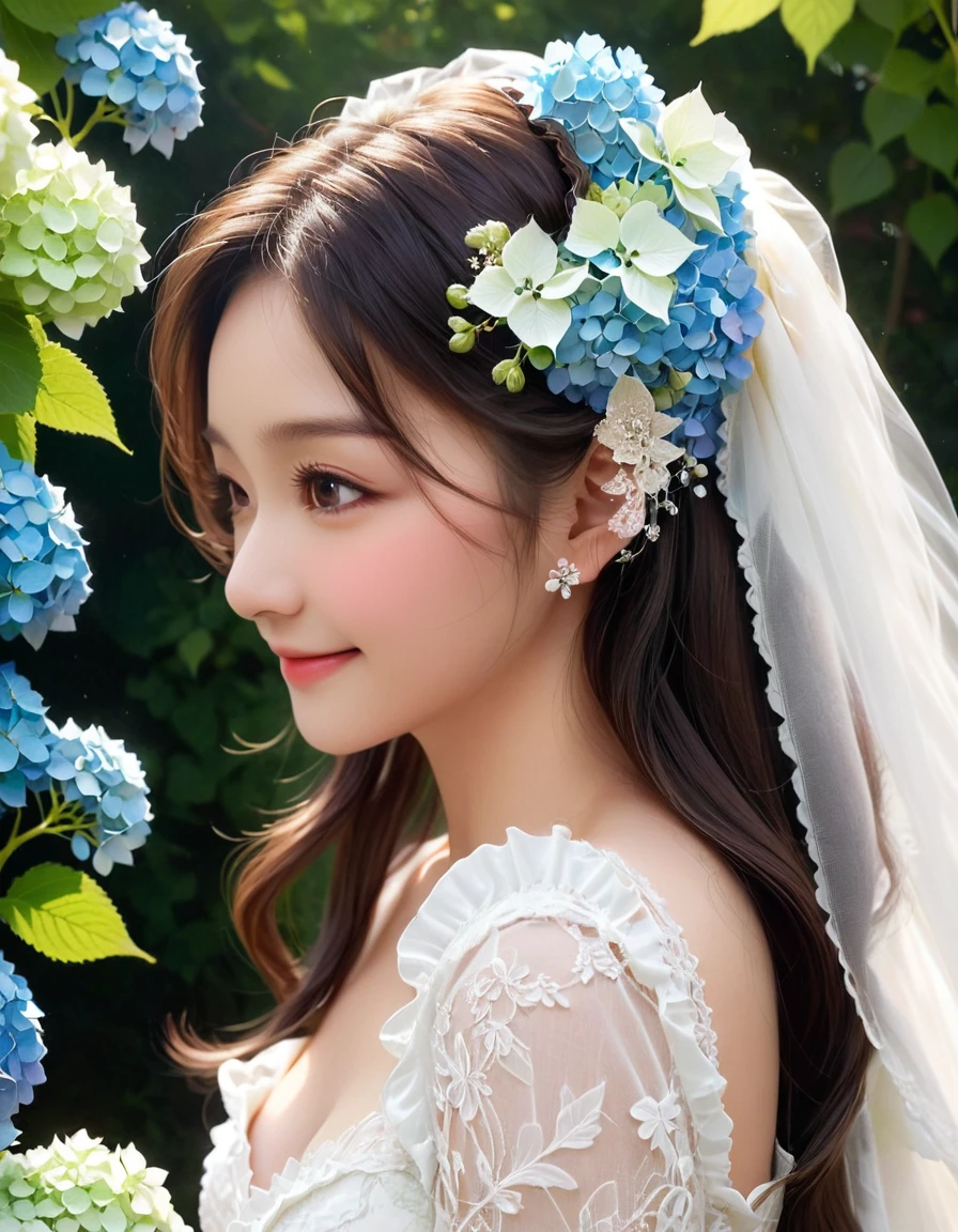 from side, close up face, look away, smile, frilly long sleeves, white lace veil, kawaii, The bride is dressed in a white wedding dress, and her cheeks are flushed with happiness. Her profile exudes a quiet beauty, and a vibrant hydrangea flower is added to her ear. The petals of the hydrangea enhance the elegance of the bride, and its color symbolizes her happiness. This scene celebrates pure love, happiness, and a new beginning.