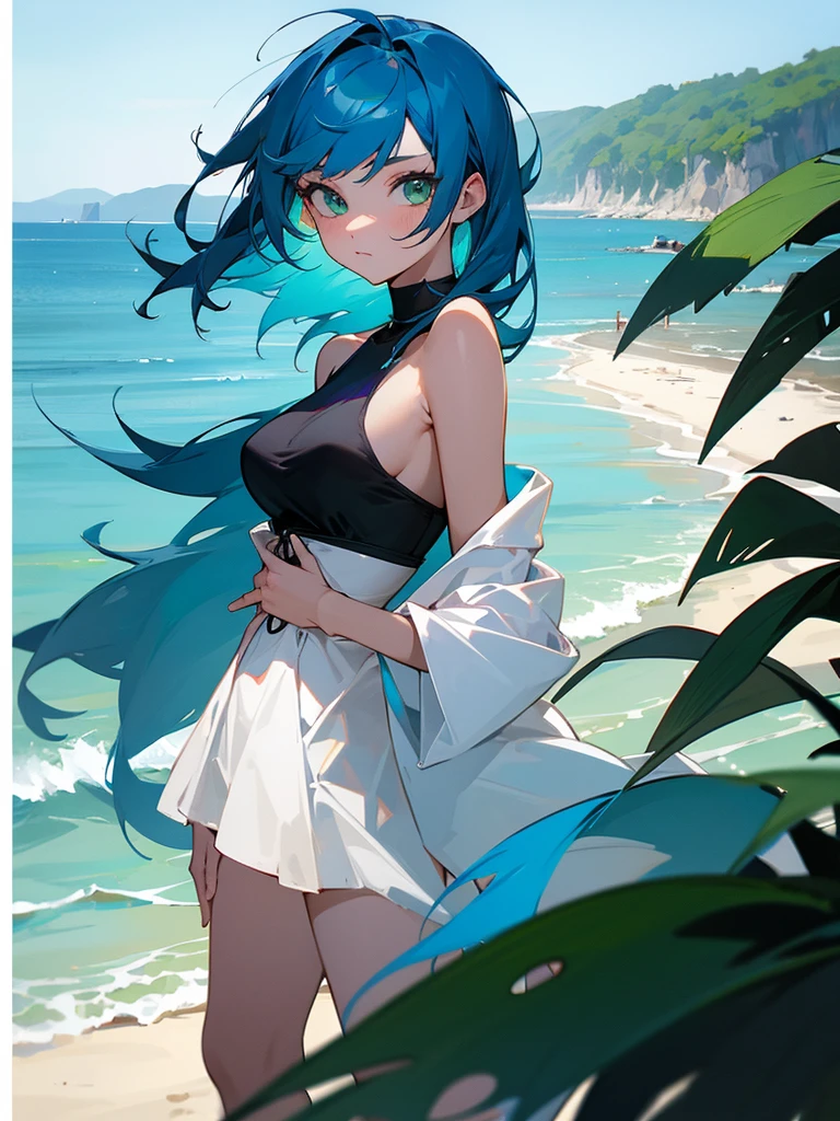 Hot girl, blue hair, green eyes, in the beach