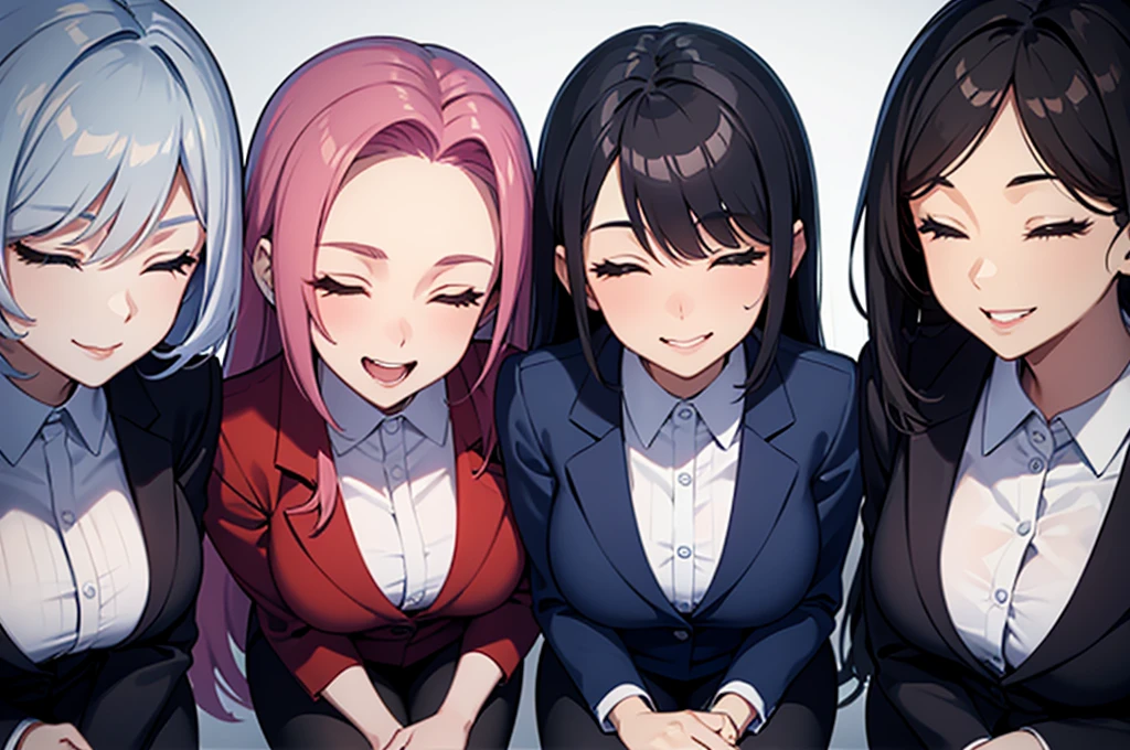 three sexy women in office outfits, flirtatious smiles, kneeling, closed eyes, opened mouths yawning, various hair colors, portrait close up faces, view from above