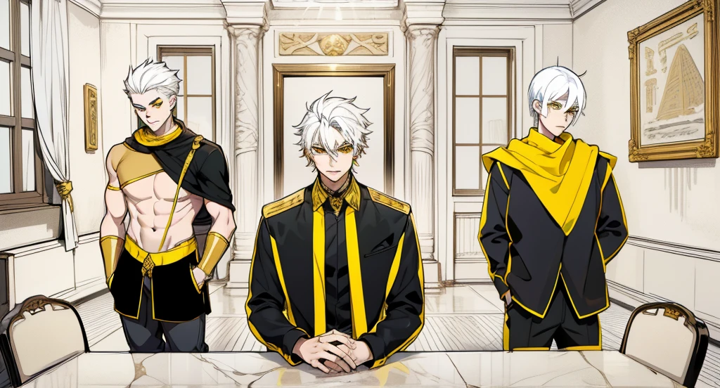 There are 5 Egyptian gods, one of them is intimidating. They have a youthful appearance of 17 years old, white hair, big yellow eyes, they have golden jewelry, black and yellow clothes.