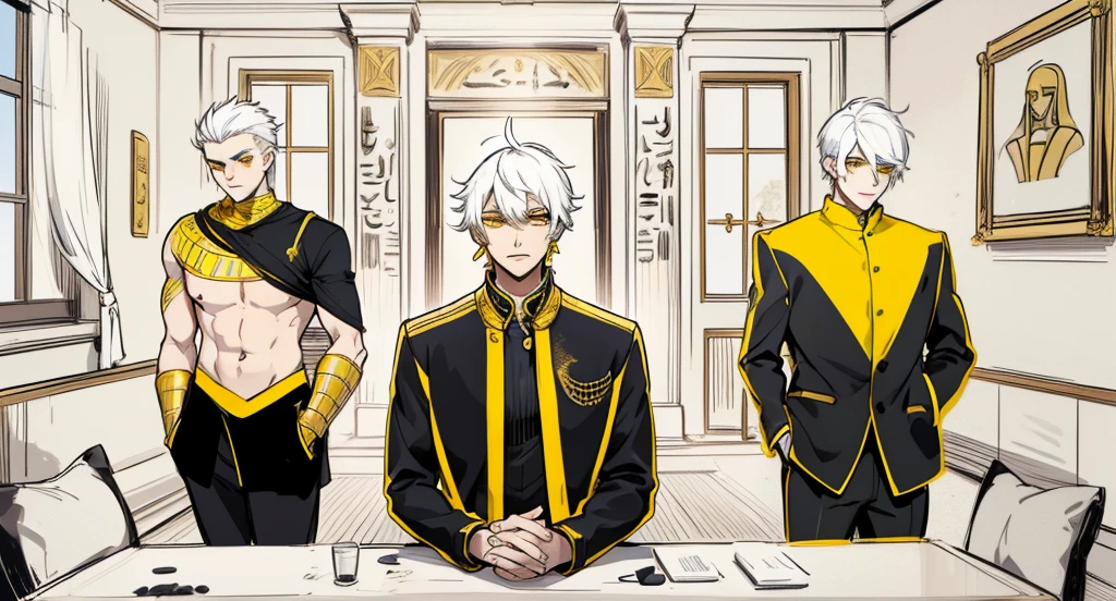 There are 5 Egyptian gods, one of them is intimidating. They have a youthful appearance of 17 years old, white hair, big yellow eyes, they have golden jewelry, black and yellow clothes.