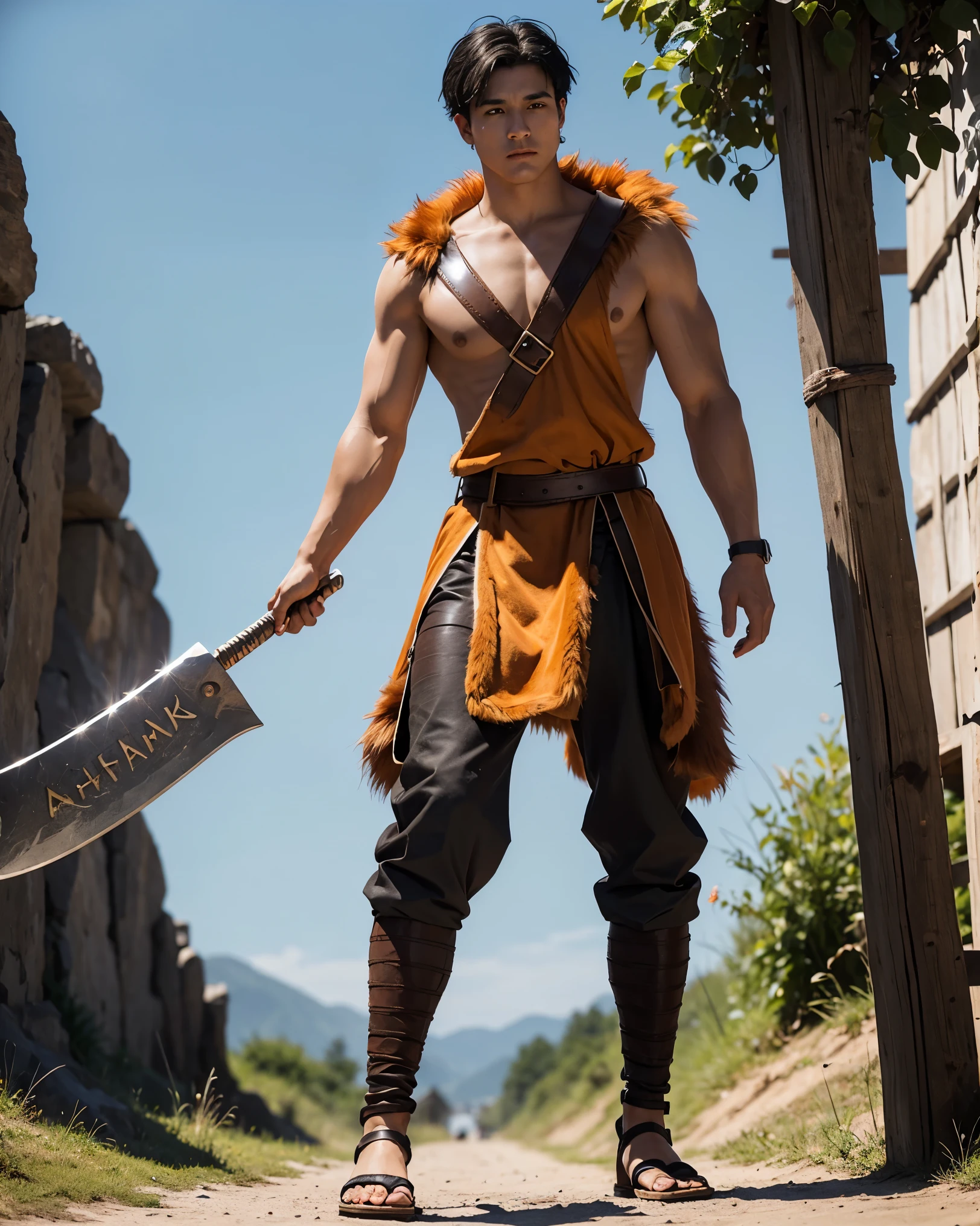 Youth with short black hair and brown eyes, fair skin and clean-shaven, dressed in short orange medieval barbarian fur tunic and trousers, weilding giant axe, sandals; fullbody; short hair, masculine, athletic