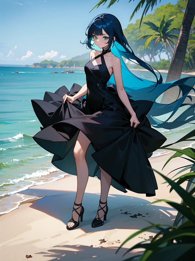Hot girl, blue hair, green eyes, in the beach, black weeding drees
