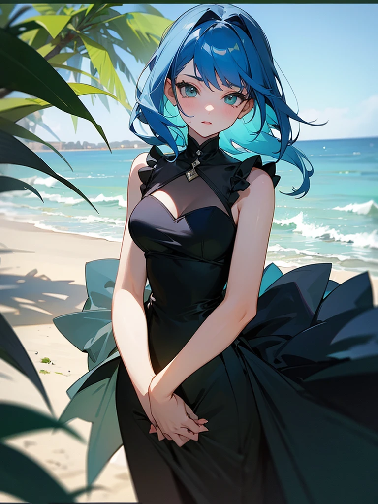 Hot girl, blue hair, green eyes, in the beach, black weeding drees