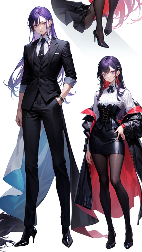 Purple Hair,Super long hair with volume,Adult female,(suit),White Y-shirt,((Rolling up his sleeves)),(corset),(Black skirt),(Slim silhouette skirt),(High heels),Heels are visible,((Simple white background)),smile,((whole body)),((full body)),Character Sheet,