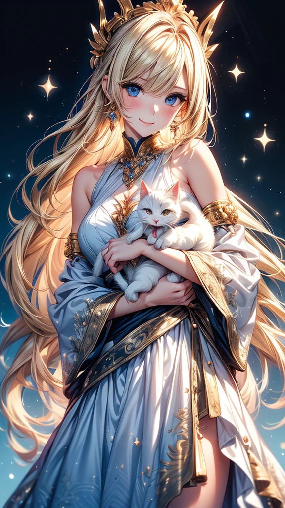Highly Detailed CG Unity 8K Wallpaper, pretty girl, Mature blonde girl, Half Up,beautiful girl, Hot Maiden, Pale skin (super masterpiece, Fantasy art with intricate detail:1.5,Beautiful person, Well detailed face polluted smile, Her flat chest is completely hidden by her dress、Realistic, Surreal), Pray to the stars,Girl holding cute white cat with big eyes in her arms