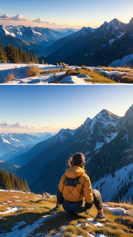 highest quality, masterpiece, Highly detailed background, (((Majestic Mountain々Back view of a girl climbing a hill, , Small Ass, slim))), (((Winter mountaineer style clothing))), A person stretching out in the sunlight shining in from the mountaintop, Beautiful landscape in earth tones, A Hopeful Outlook, Expressions that give viewers a gentle feeling, Focus on the landscape、Make portrait smaller..