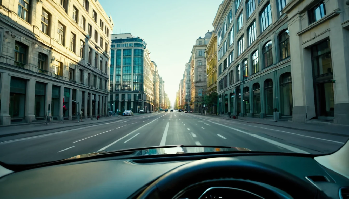 first person view, driving a car, in a city, several buildings, late afternoon, no people on the streets