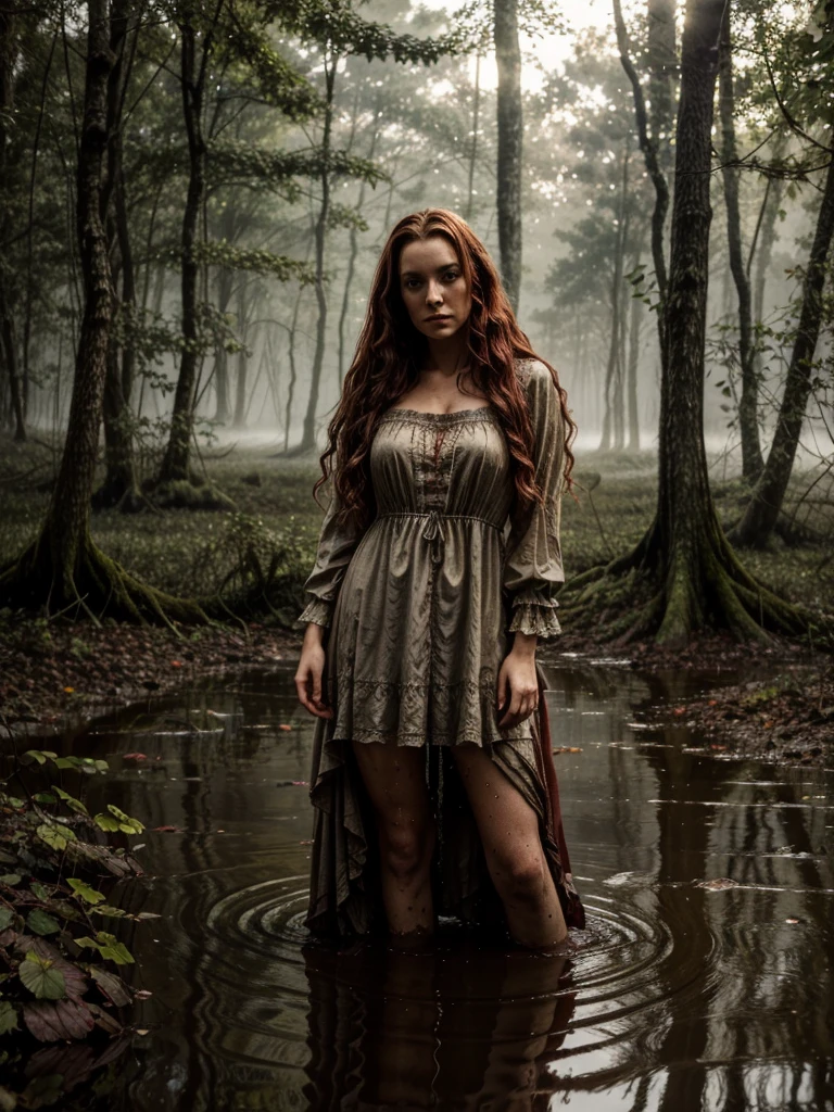Jan Matejko's style. A close up portrait depicting a mature woman as Ophelia with dirty, long red wavy hair. She is not looking at the camera. A pose full of resignation. Front view. Wearing a worn and torn long lace dress from the Middle Ages. She stands knee-deep in water. The long dress is wet and stained with mud. All around there is a dense and gloomy swampy forest shrouded in morning fog. Sunlight creates an interesting chiaroscuro, vivid colors. Lots of broken trees and branches. Forest lake in the background.