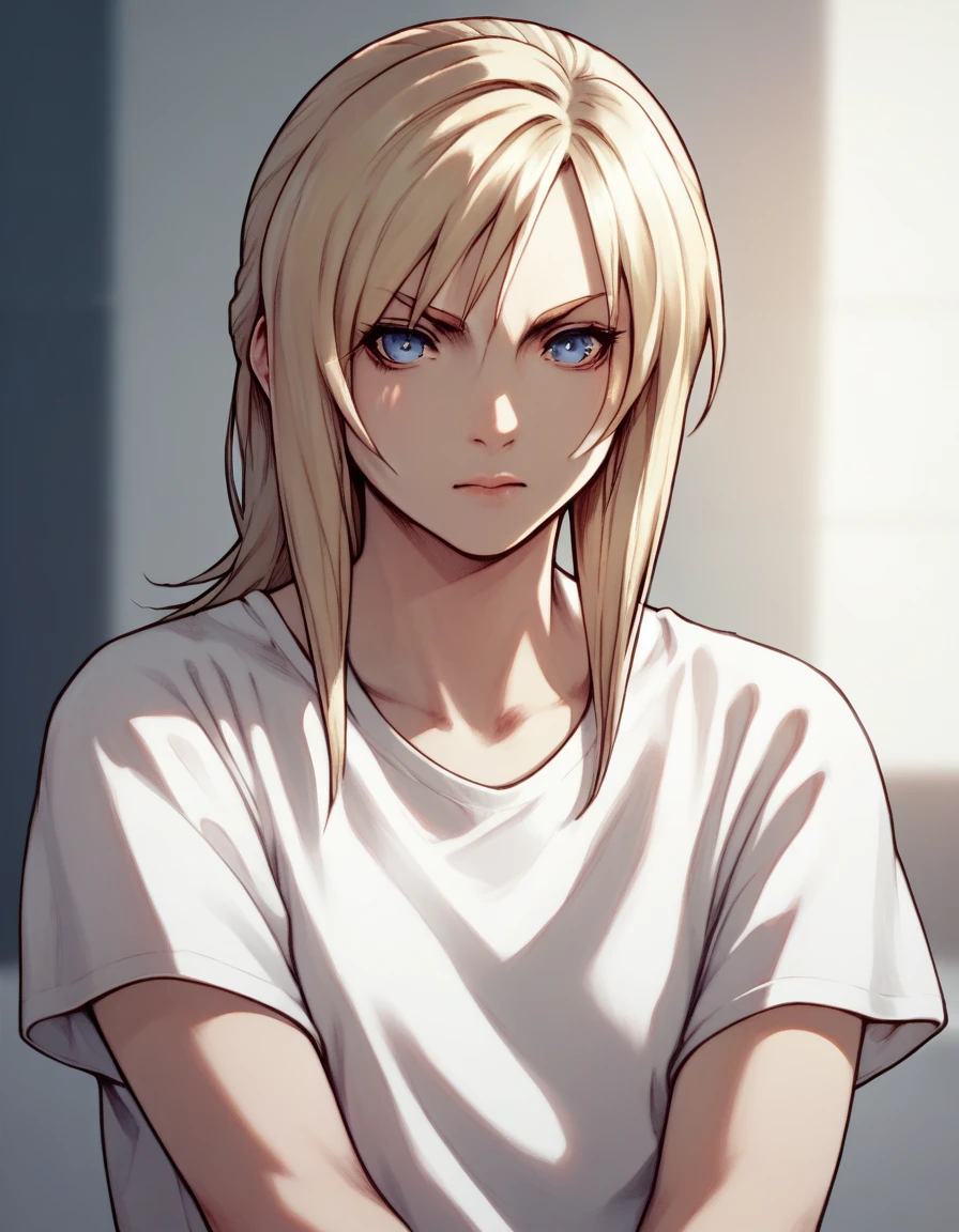 aya brea, blue eyes, blonde hair, white shirt, T-shirt,
