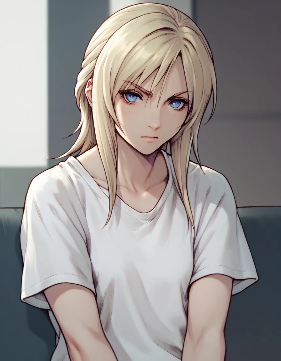 aya brea, blue eyes, blonde hair, white shirt, T-shirt,
